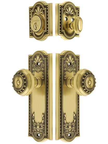 Grandeur Parthenon Entrance Door Set, Keyed Alike with Parthenon Knobs in Antique Brass.